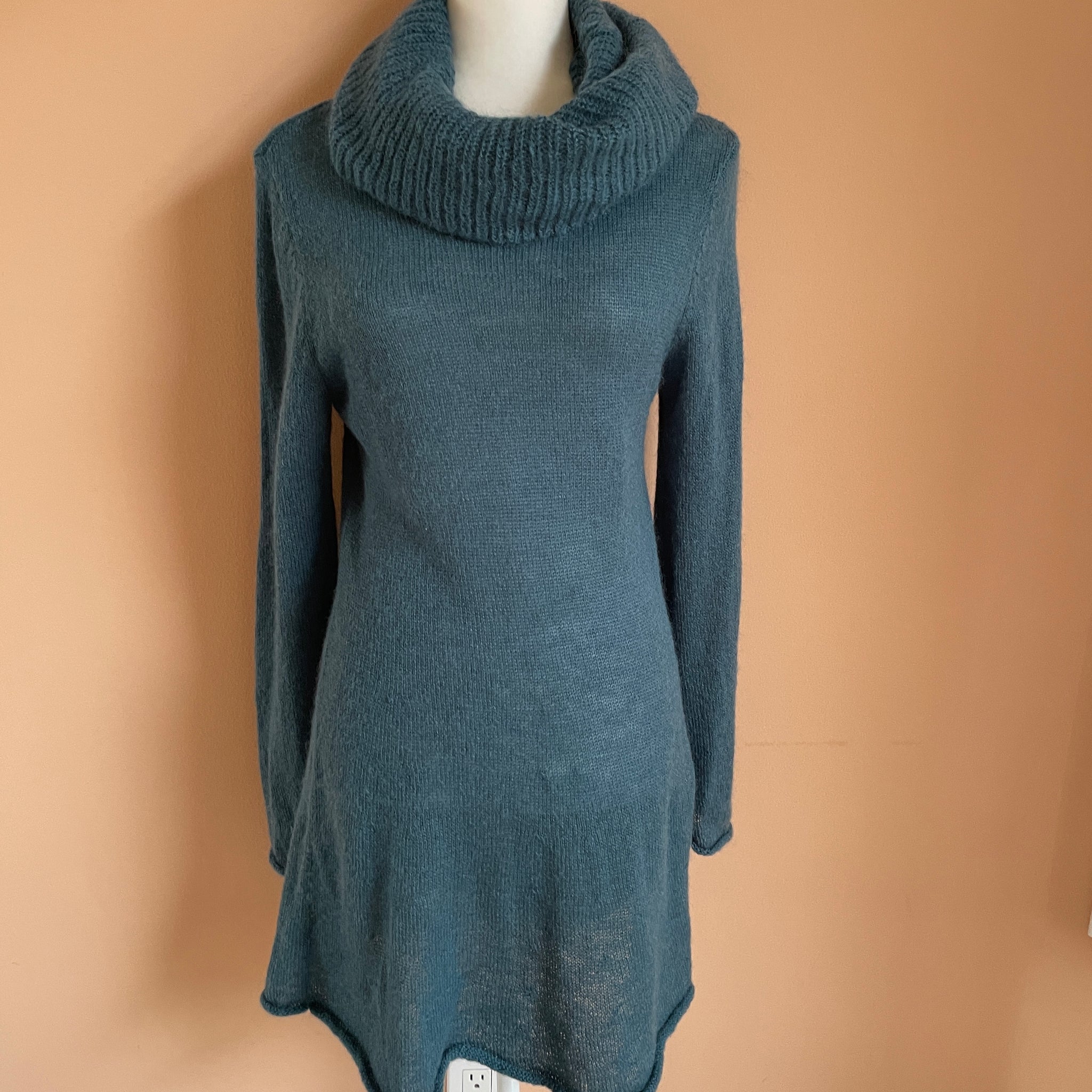 2000s Promod Blue Wool Cowl Collar Sweater Dress