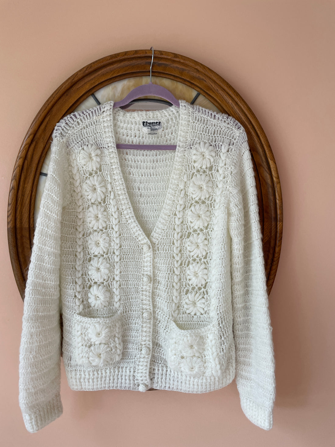 90s Vintage Handmade White Acrylic Knit Button Front Pockets Cardigan Sweater M