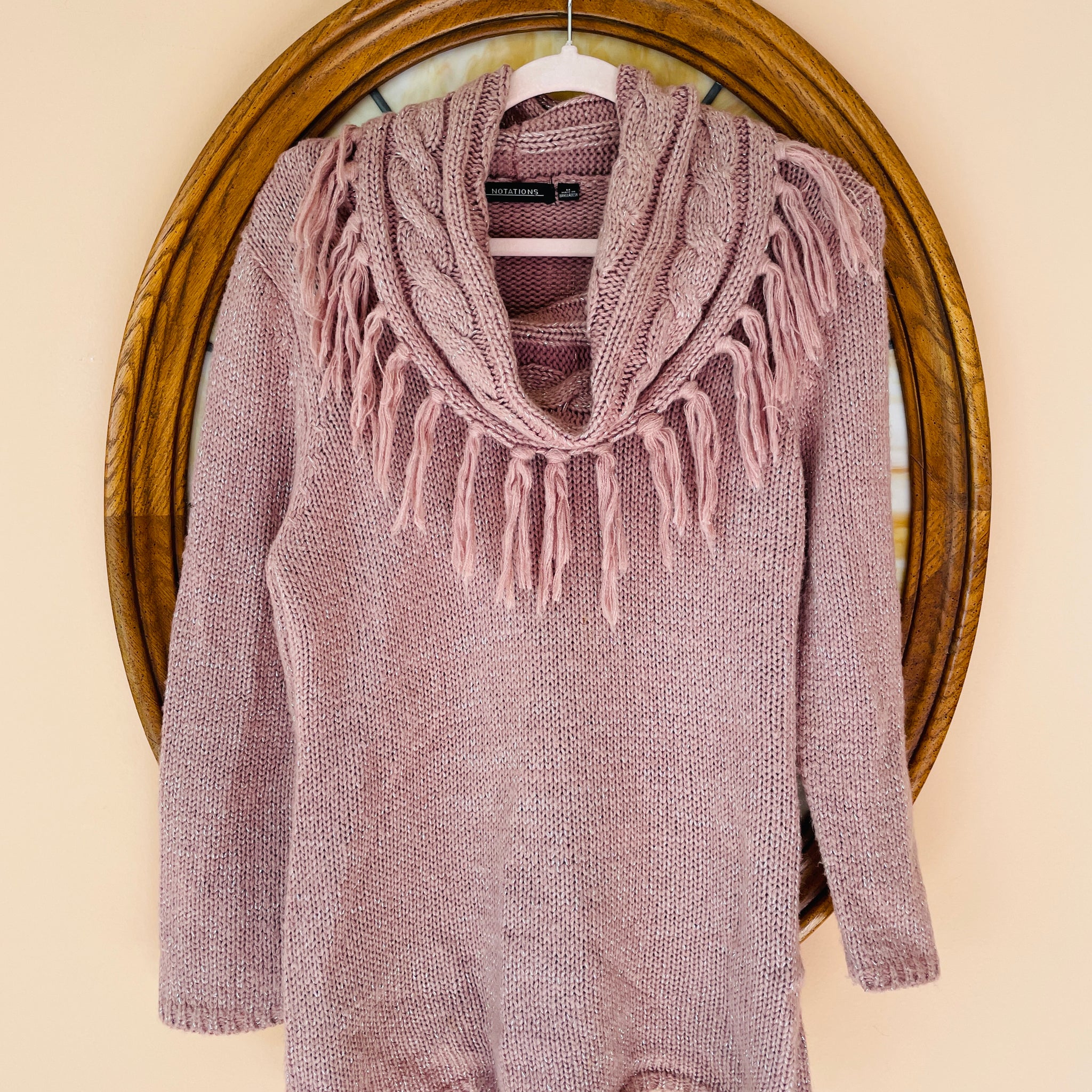 90s Pink Acrylic Fringed Cowl Collar Pullover Knit Sweater M