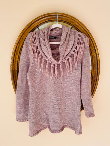 90s Pink Acrylic Fringed Cowl Collar Pullover Knit Sweater M