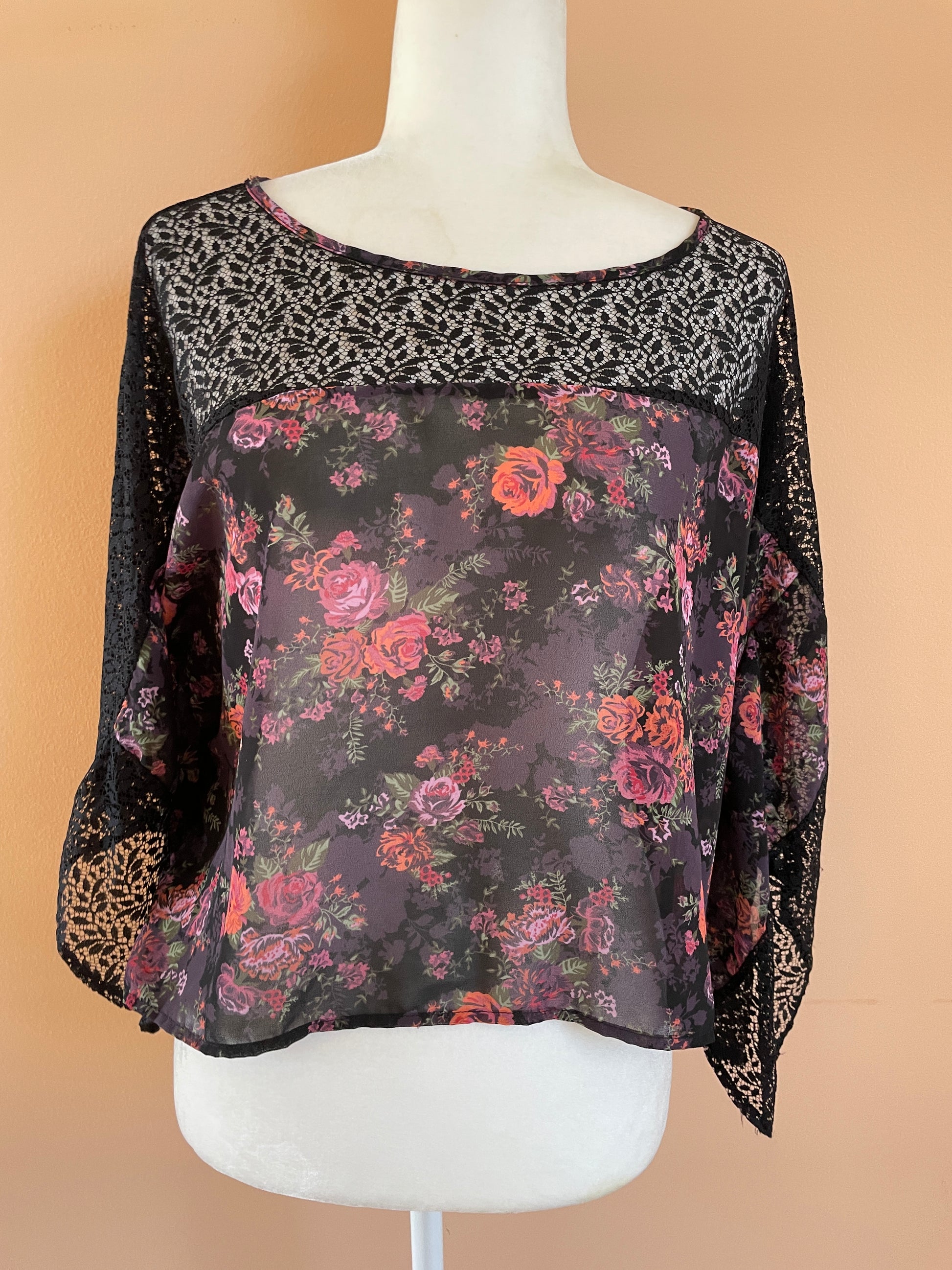  90s  Sheer Floral Black Lace Boho Top S
