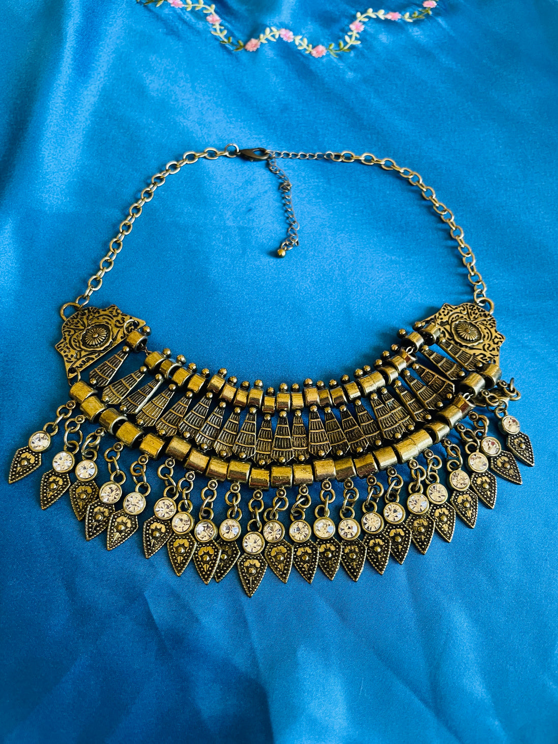 Vintage 90s Bronze Tone Beaded Rhinestone Egyptian Style Choker Necklace