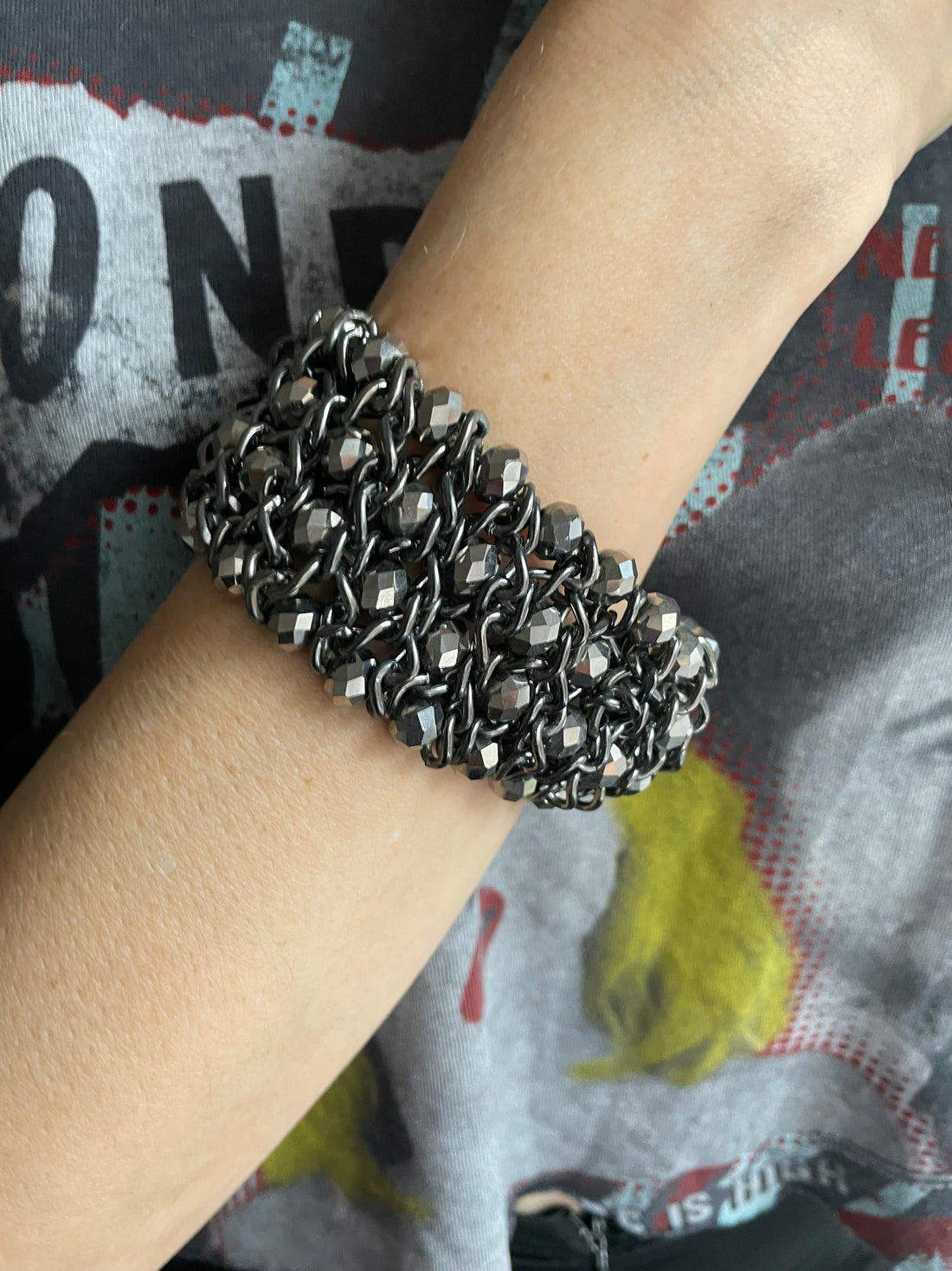 Vintage 90s Black Gray Sparkly Beaded Chunky Stretch Bracelet
