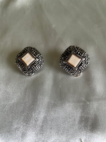 80s Silver Tone Mother of Pearl Accent Clip Earrings