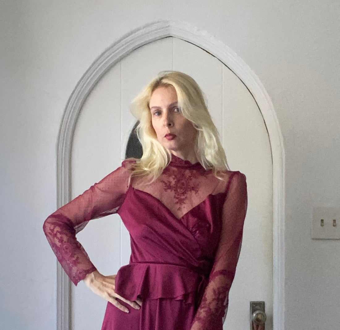 Vintage 7Os Burgundy Sheer Lace Disco Dress M