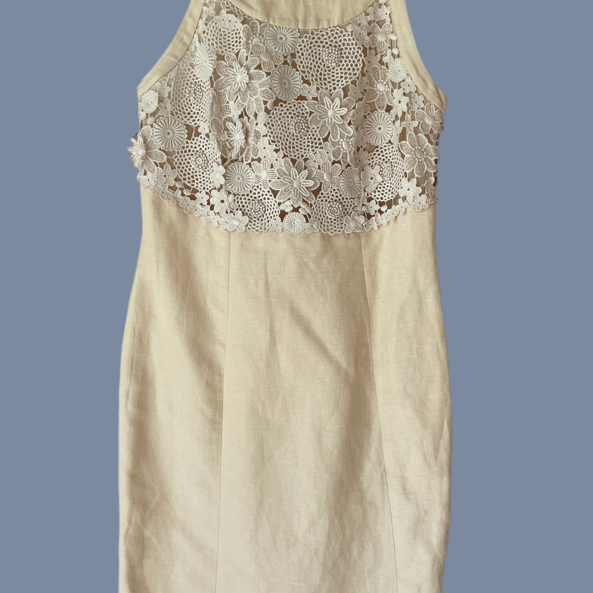 90s Vintage Beige Linen Cotton Blend Flower Crochet Bodice Sleeveless Lined Dress S
