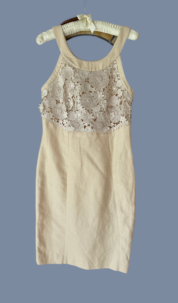 90s Vintage Beige Linen Cotton Blend Flower Crochet Bodice Sleeveless Lined Dress S
