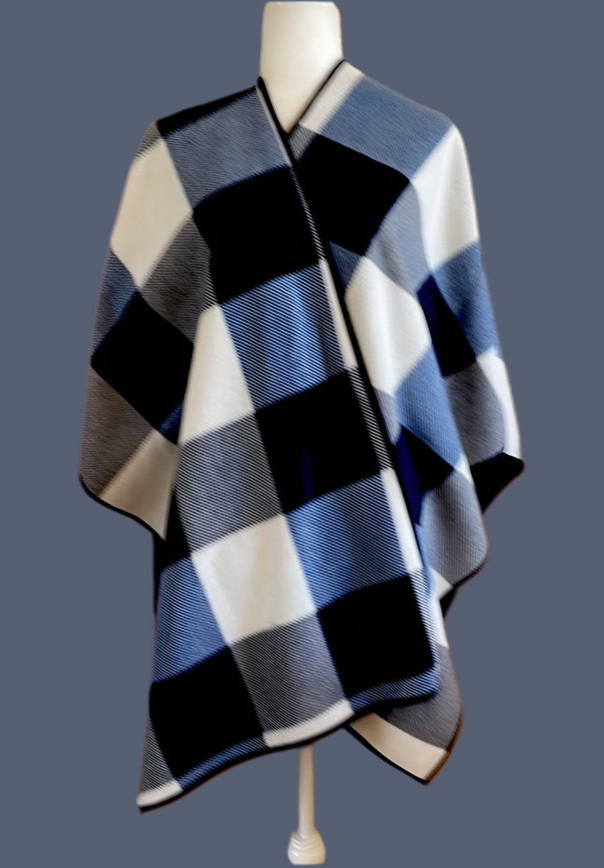 2000s Navy White Check Design Cozy Soft Oversize Cape Wrap