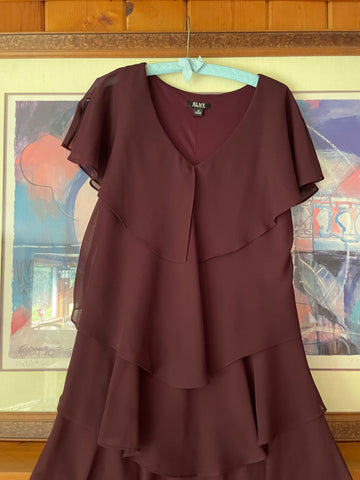 1990s SLNY Tiered Ruffled Burgundy Poly Sleeveless Sheer Dress