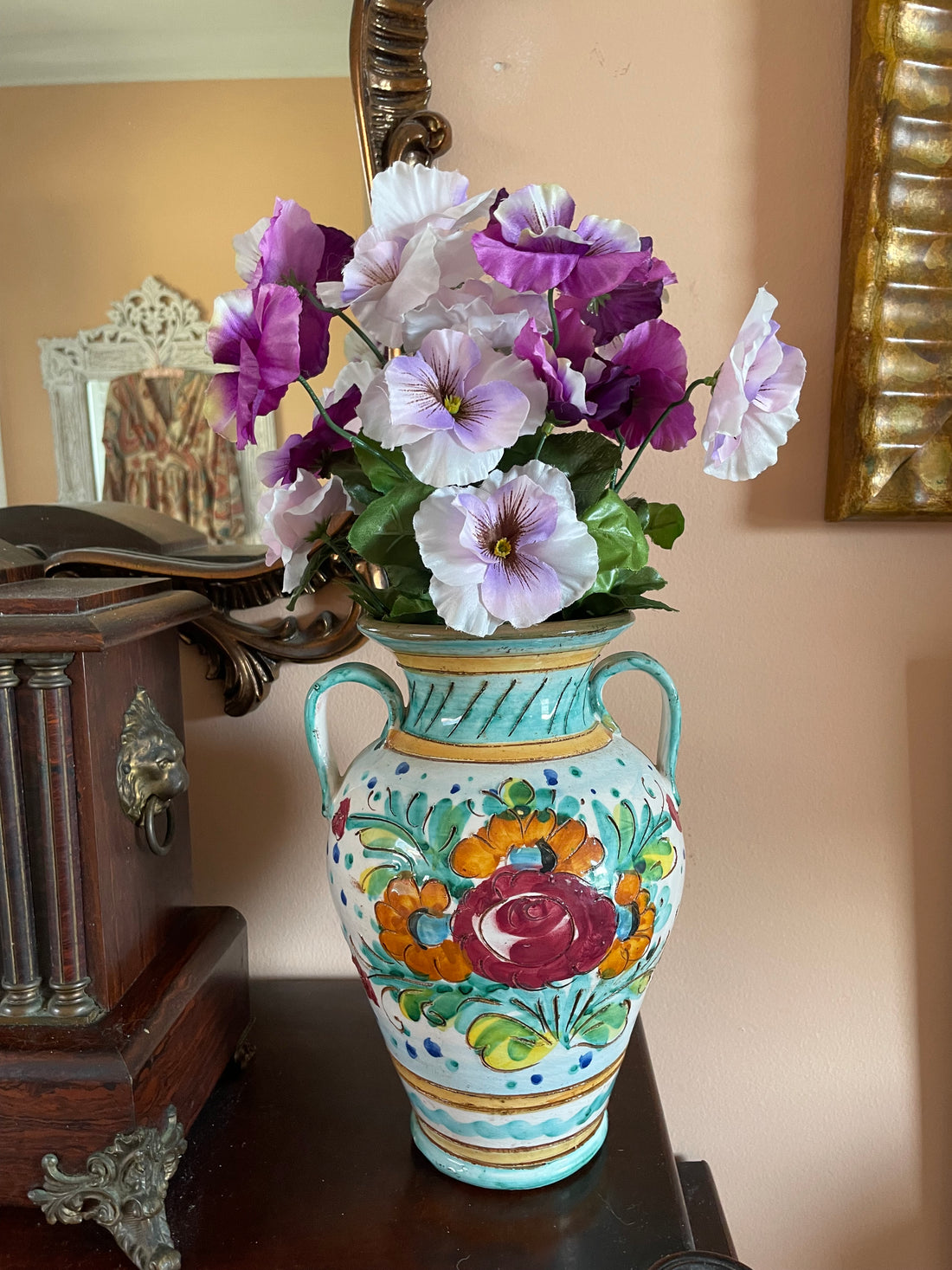 Vintage Hand Painted Floral Ceramic Made in Italy Home Decor Vase 10 1/2” Height