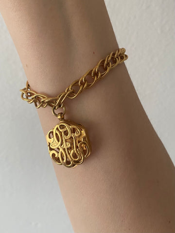 Vintage Gold Tone Monogram Charm Bracelet.