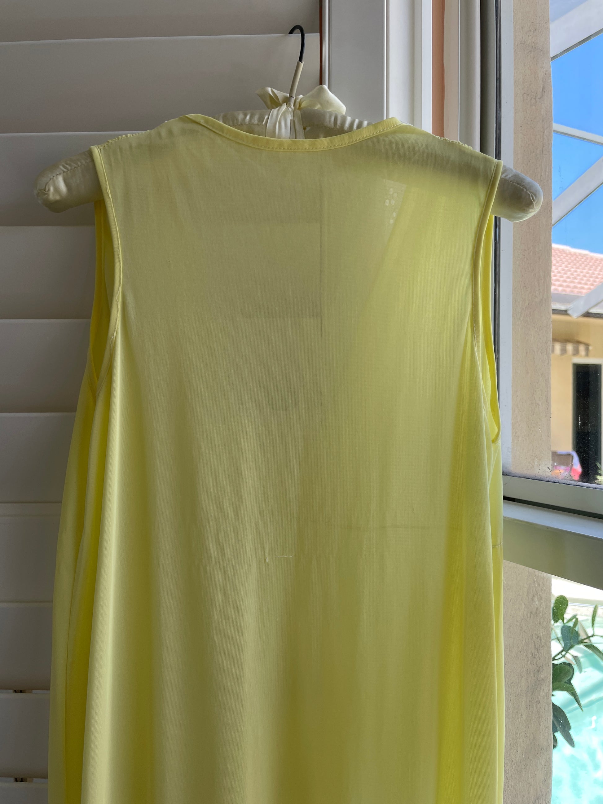  90s Striking Yellow Bow Accent Nylon Sleeveless Lingerie Maxi Gown M
