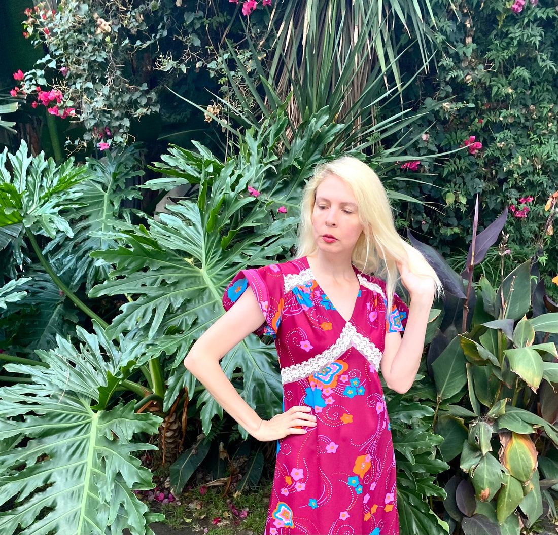 Vintage 70s Handmade Burgundy Floral Lace Maxi Dress Sm