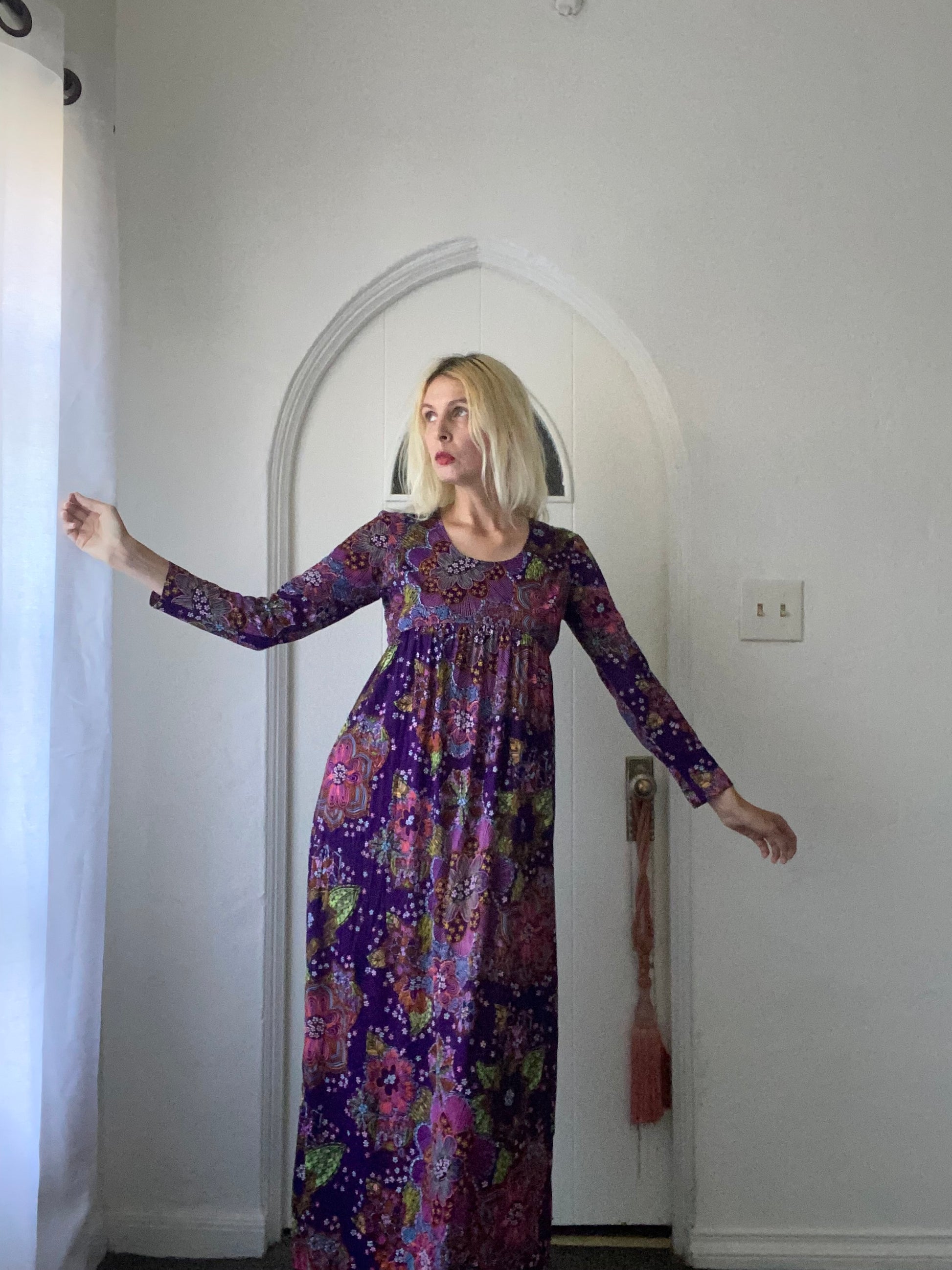  70s Vintage Handmade Purple Floral Print Poly Empire Waist 20” Side Slits Back Zip Maxi Dress S