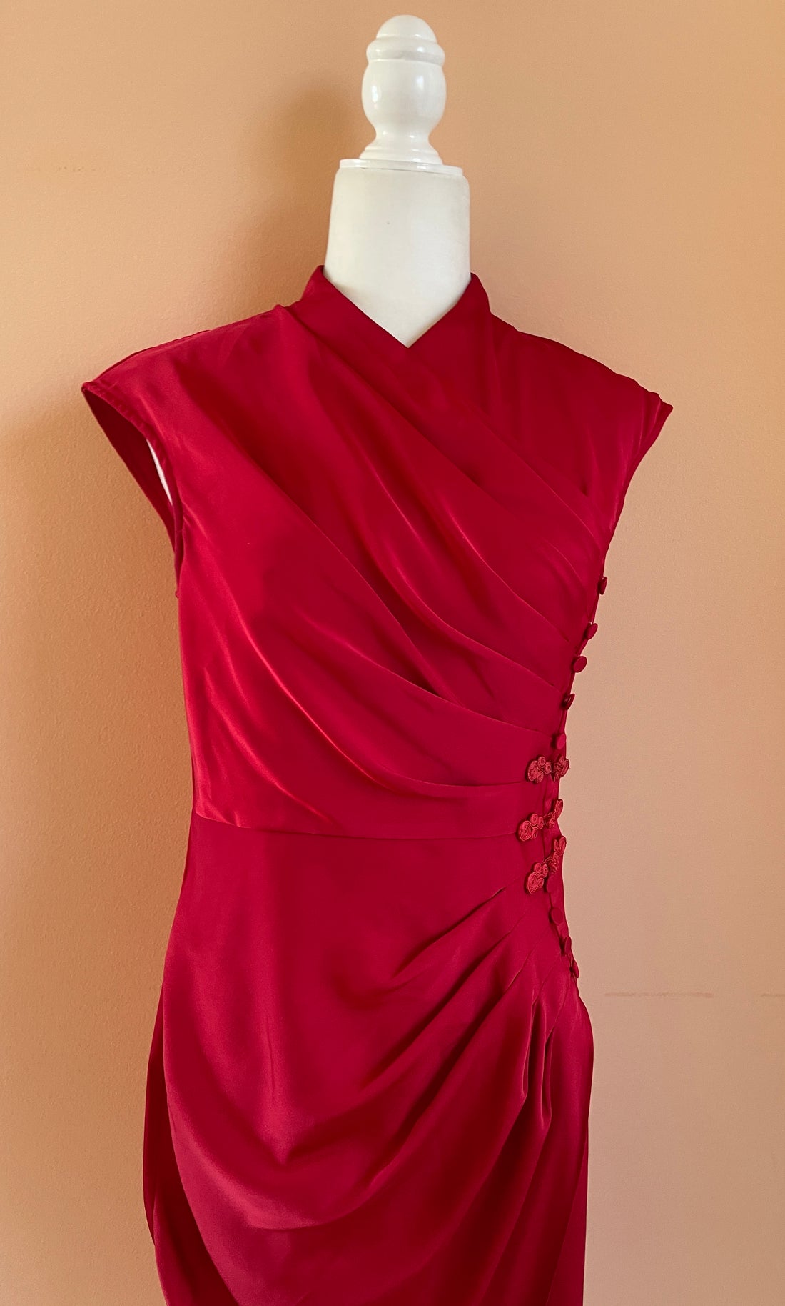 2000s Red Poly Wrap Style Draped Back Zip Stunning Midi Dress M