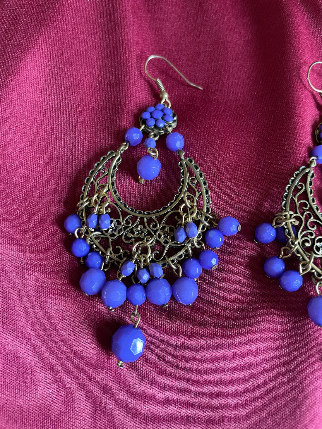 Gold Tone Filigree Purple Beaded Boho Chandelier Pierced Earrings