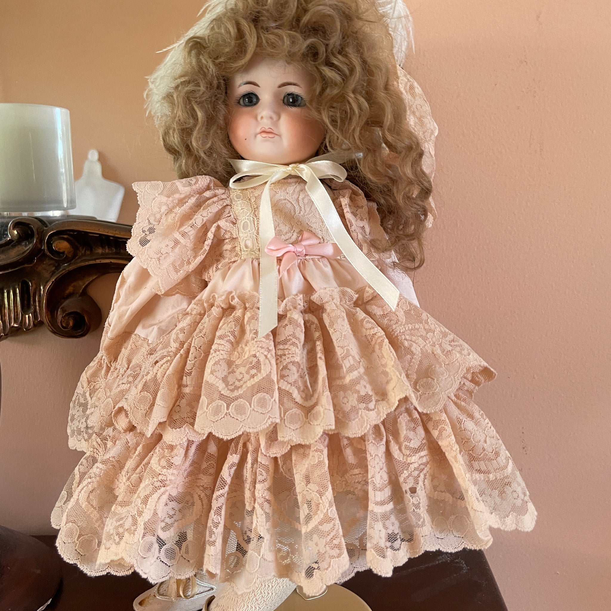 60s Vintage Rare Brown Curly Hair Glass Eyes Handmade Lace Dress Porcelain Doll