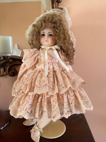 60s Vintage Rare Brown Curly Hair Glass Eyes Handmade Lace Dress Porcelain Doll