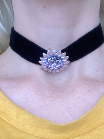 Vintage 1950s Flower Pendant New Black Velvet Ribbon Choker Necklace