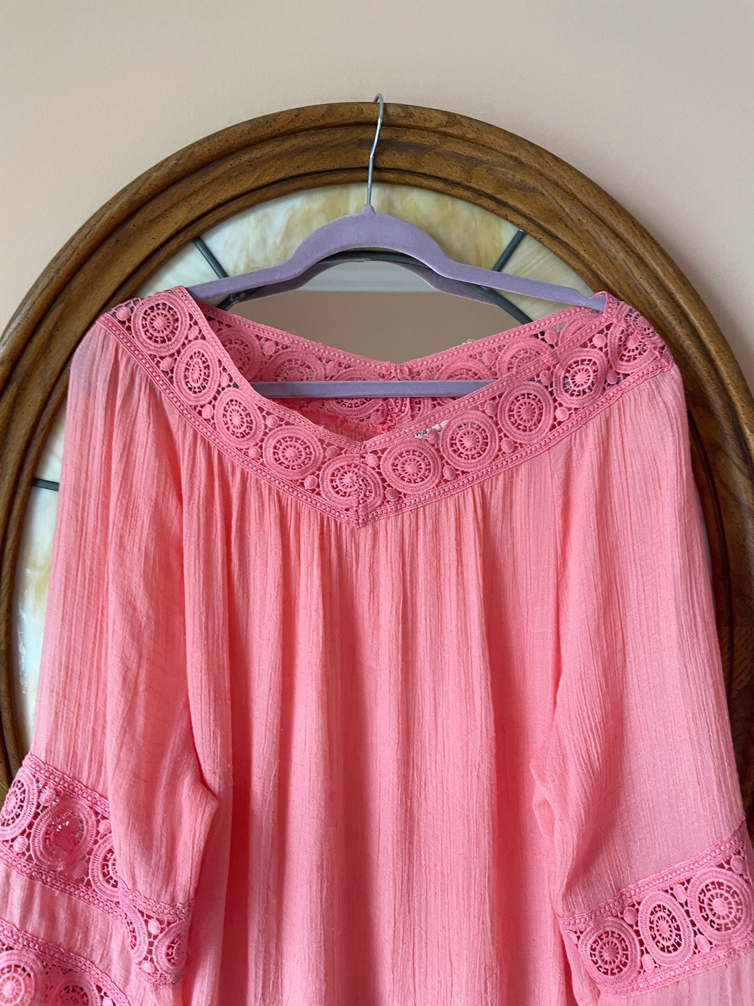 2000s Peachy Pink Rayon Poly Lacy Pullover Boho Top L