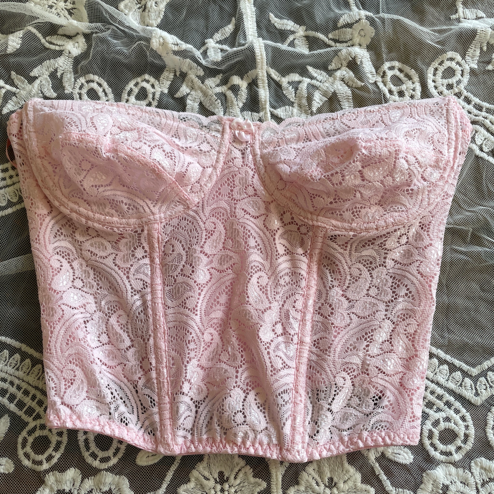 2000s Poly Lace Bow Accent Lingerie Bustier Top S