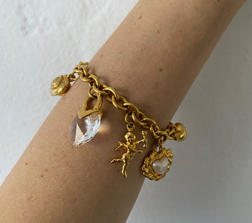 2000s Gold Tone Dangling Heart & Angel Charm Bracelet.