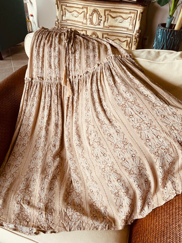 2000s Ruffle Tiered Rayon Drawstring Tassel Elastic Waist Boho Skirt Sm