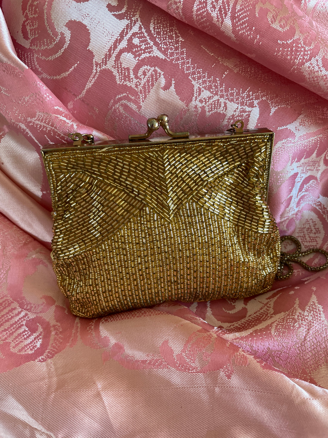 50s Vintage MAGID Handmade Shimmering Gold Beaded Crossbody Clutch Evening Bag