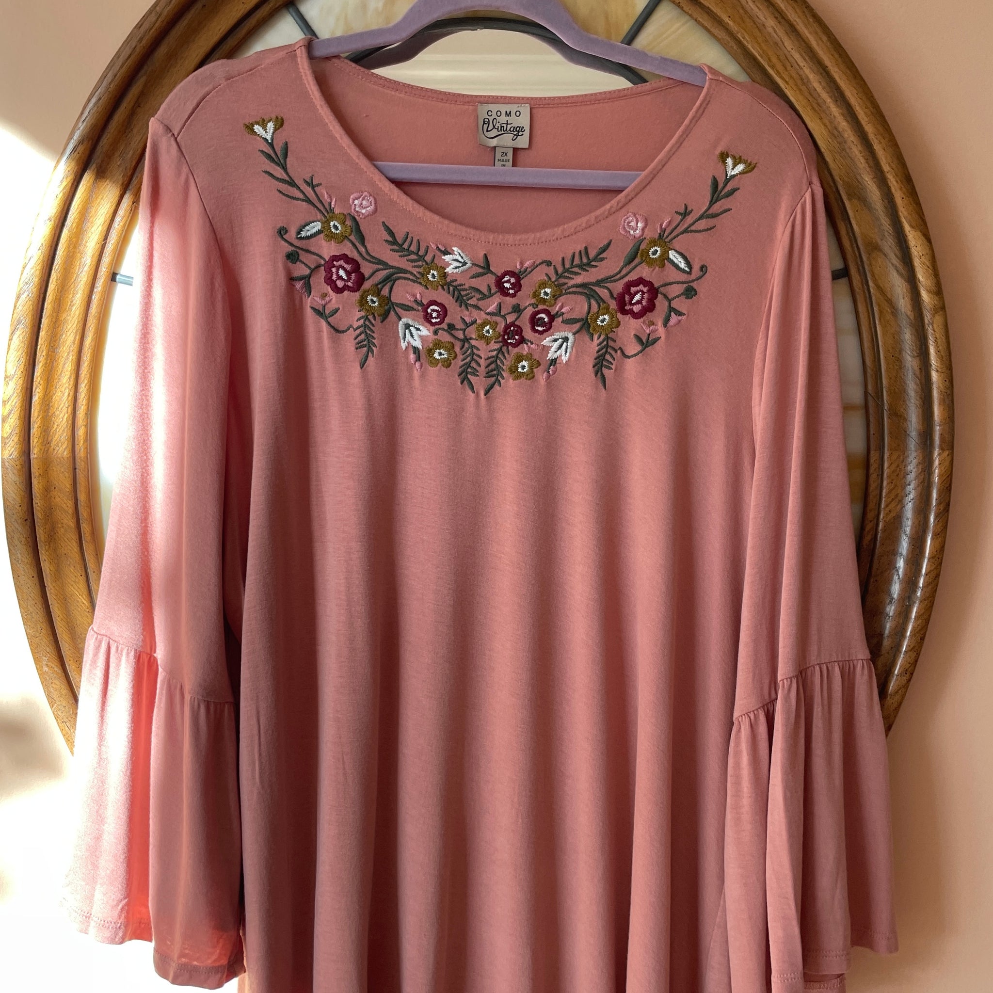 2000s Mauve Soft Rayon Floral Embroidery Long Sleeve Pullover Top 2X