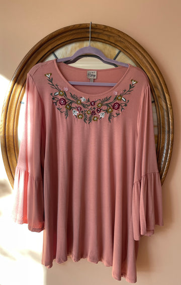 2000s Mauve Soft Rayon Floral Embroidery Long Sleeve Pullover Top 2X