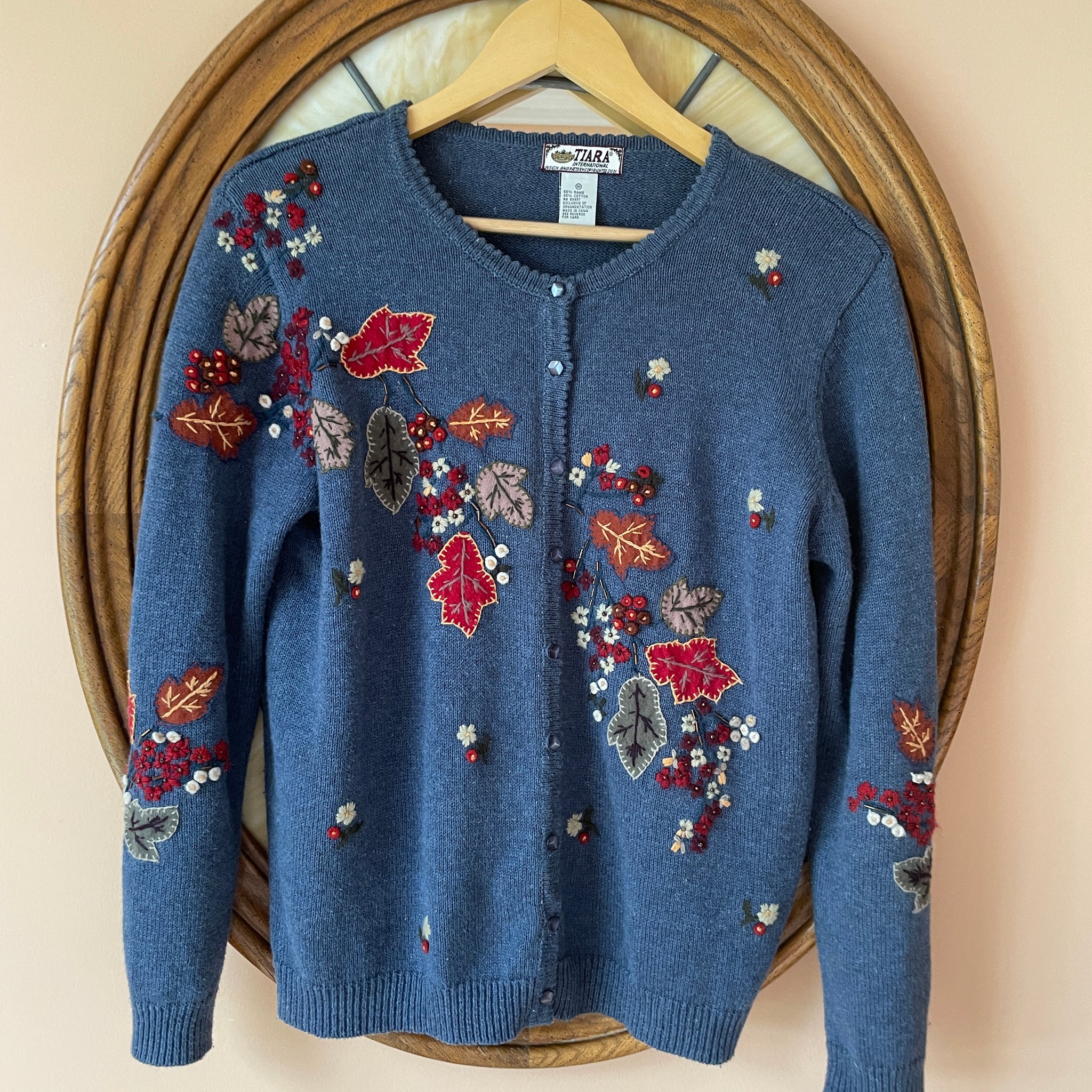 80s Vintage Blue Cotton Blend Floral Embroidery Leaf Appliqué Cardigan Knit Sweater M