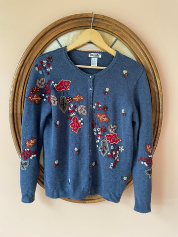 80s Vintage Blue Cotton Blend Floral Embroidery Leaf Appliqué Cardigan Knit Sweater M