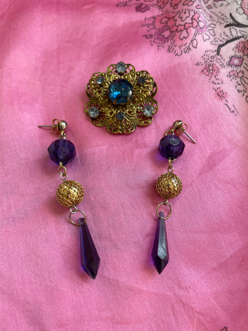 70s Blue Glass Brooch Purple Earring Set