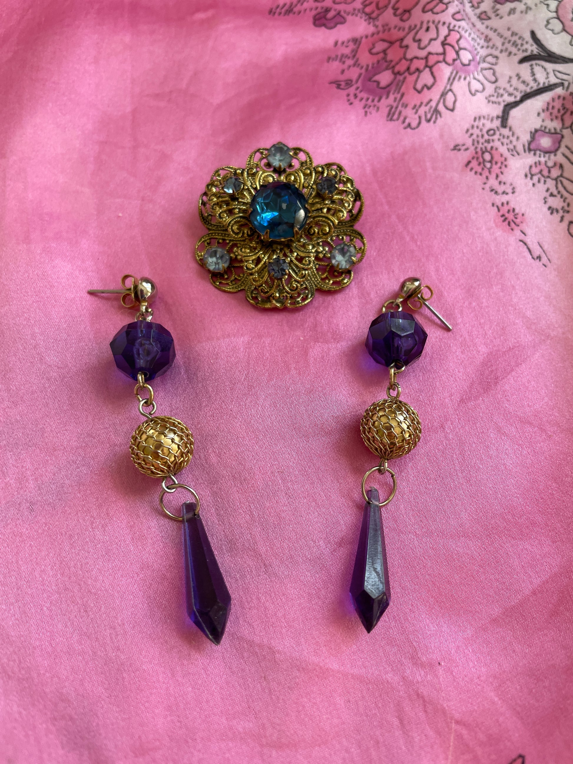 vintage brooch earring set 70s Blue Glass Brooch Purple Earring Set