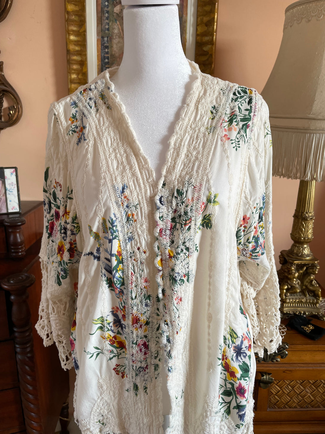 Vintage 90s Handmade Crochet Floral Embroidery Fairy Cardigan Boho Jacket Plus Size.