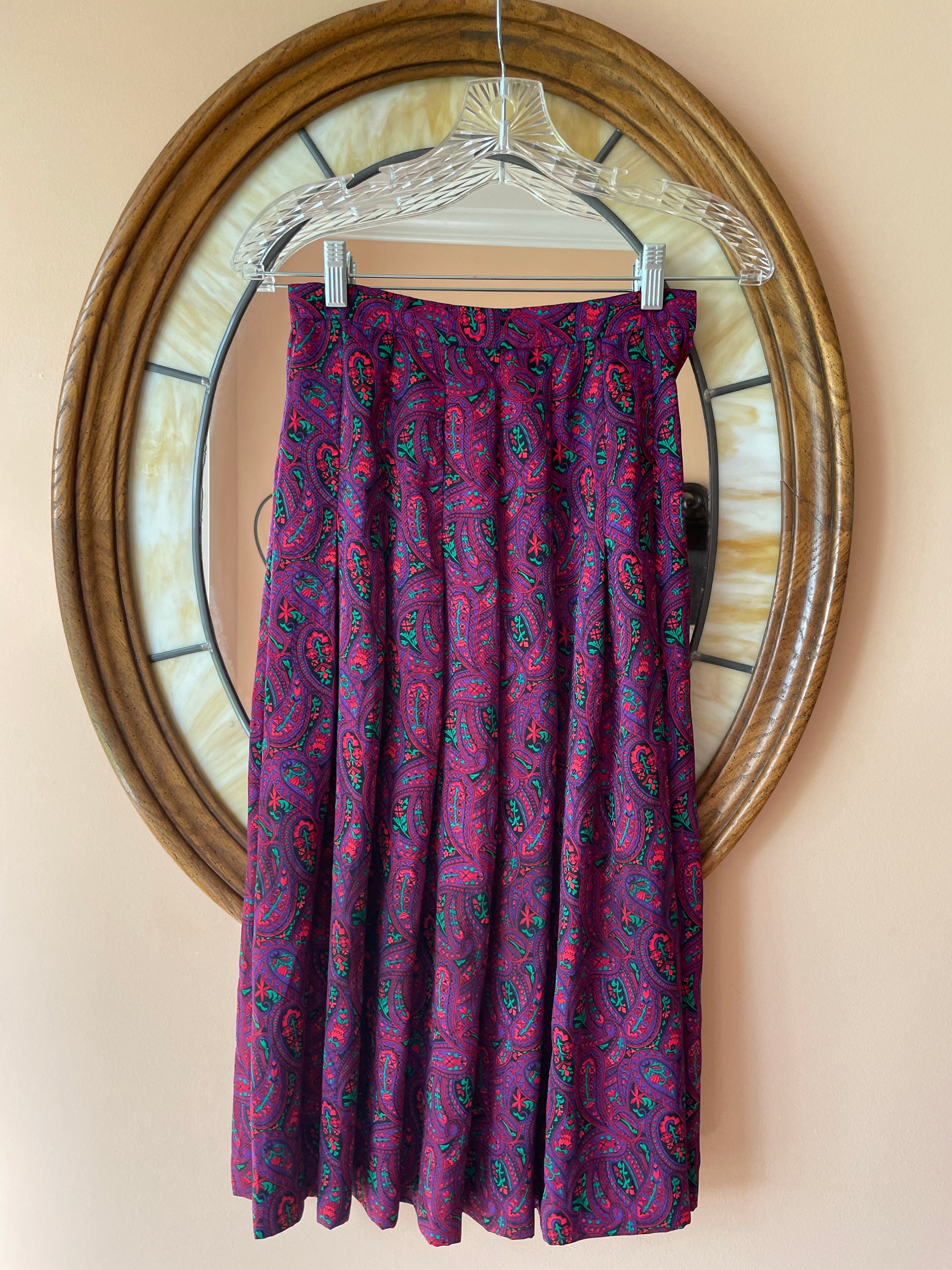  70s Vintage Jason Prescott Poly Print Softly Pleated High waist Skirt S