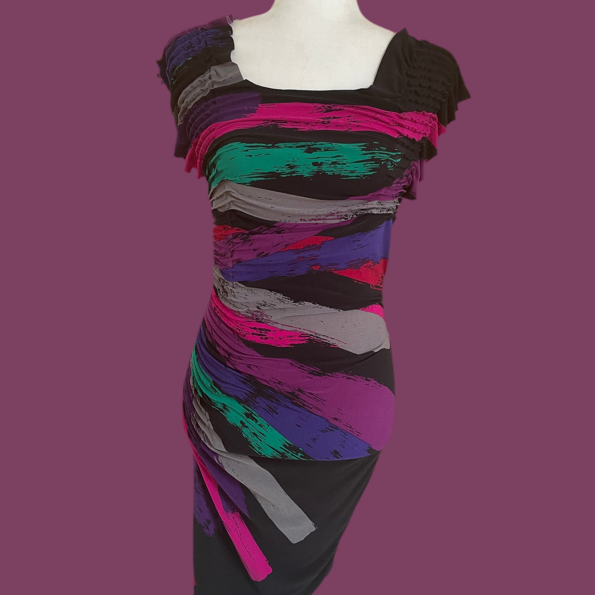 2000’s Bodycon Poly Black Multicolor Cool Print Dress S