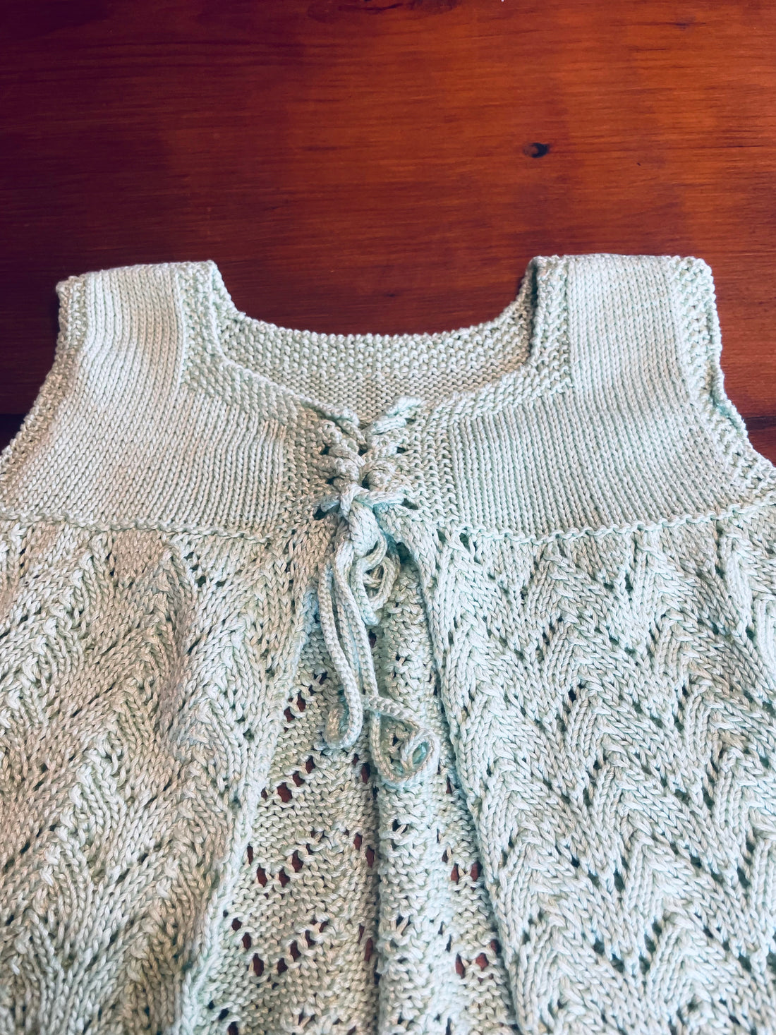 Vintage Hand Knit Minty Green Tie Open From Baby Top