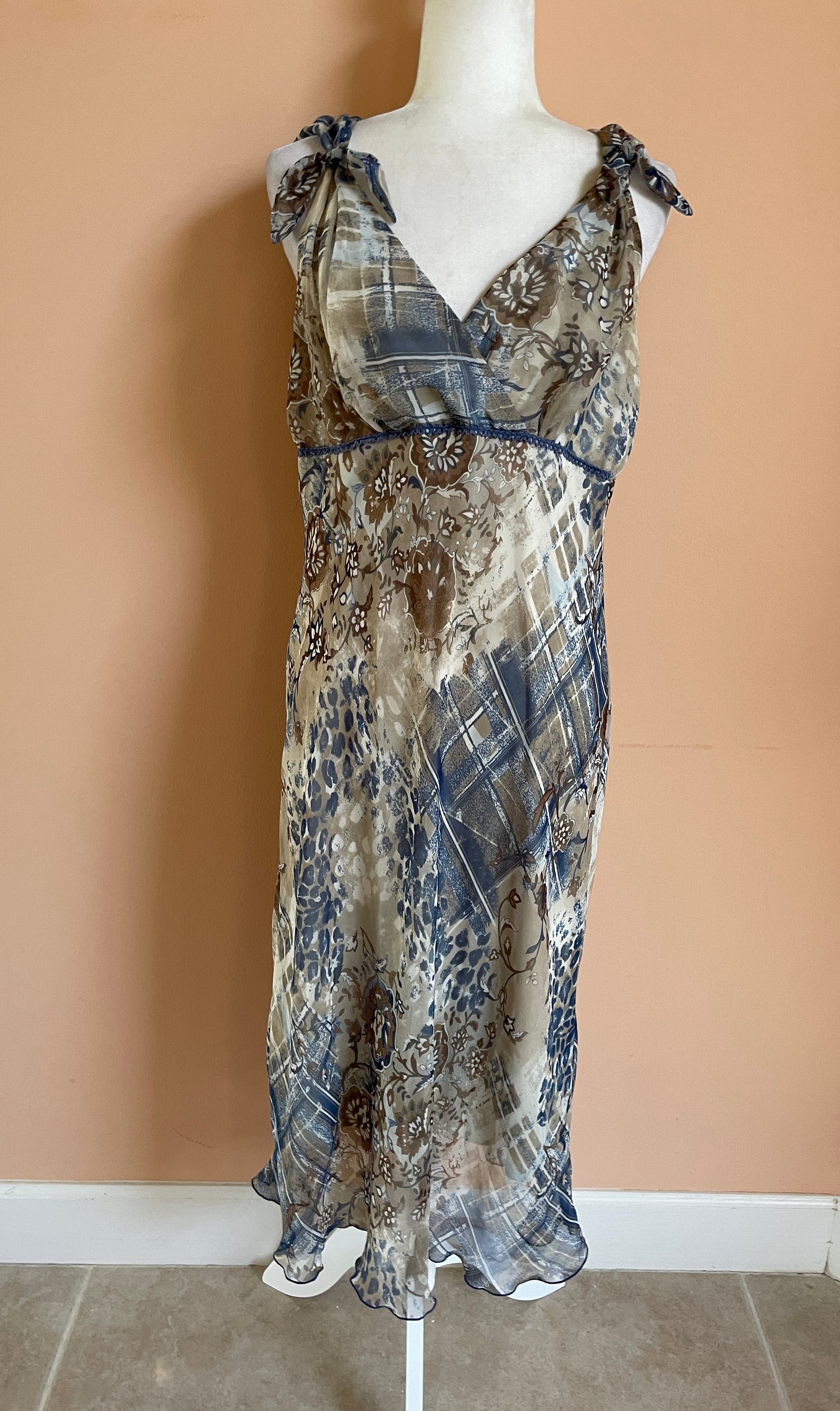 Floral print maxi dresd Abstract Blue Floral Print Sheer Poly Lined 2000s Bow Strap Sleeveless Summer Maxi Dress M