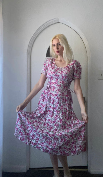 90s Vintage Pink Floral Criss Cross Tie Front Midi Dress Sm