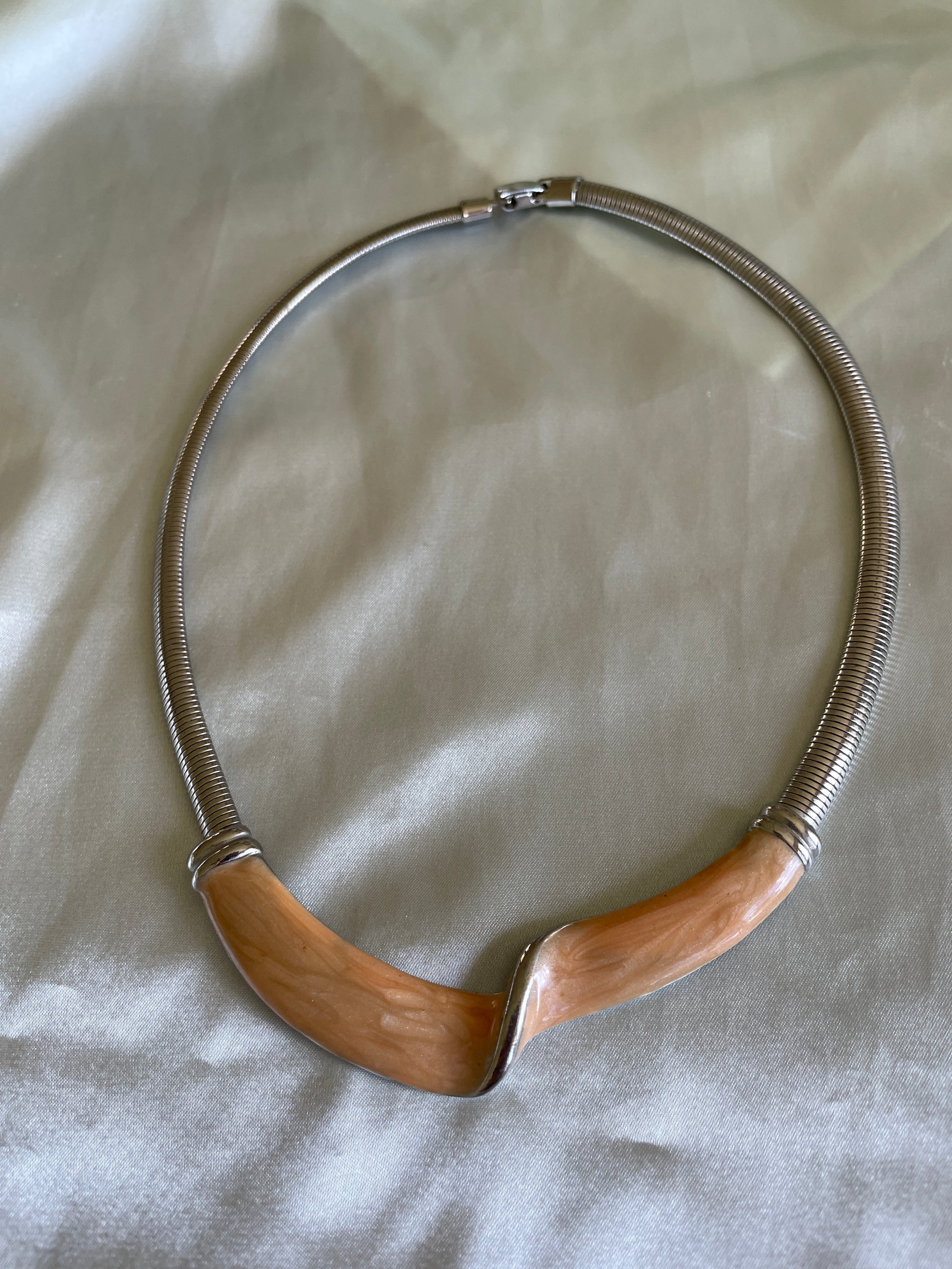  80s Silver Tone Snake Chain Enamel Choker Necklace