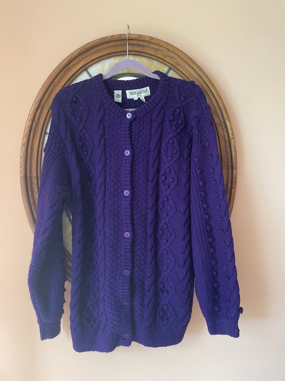 80s Vintage Pure Wool Popcorn Bulky Cable Knit Button Front Purple Cardigan Sweater M