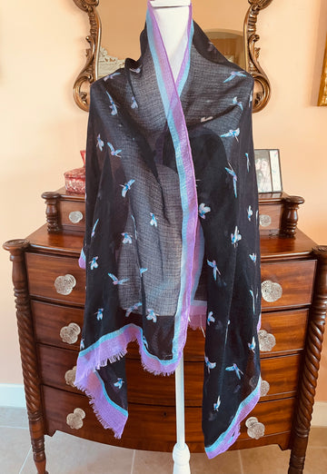 80s Vintage Black Flying Bird Print Rectangular Large Scarf.