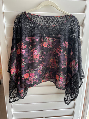90s  Sheer Floral Black Lace Boho Top S