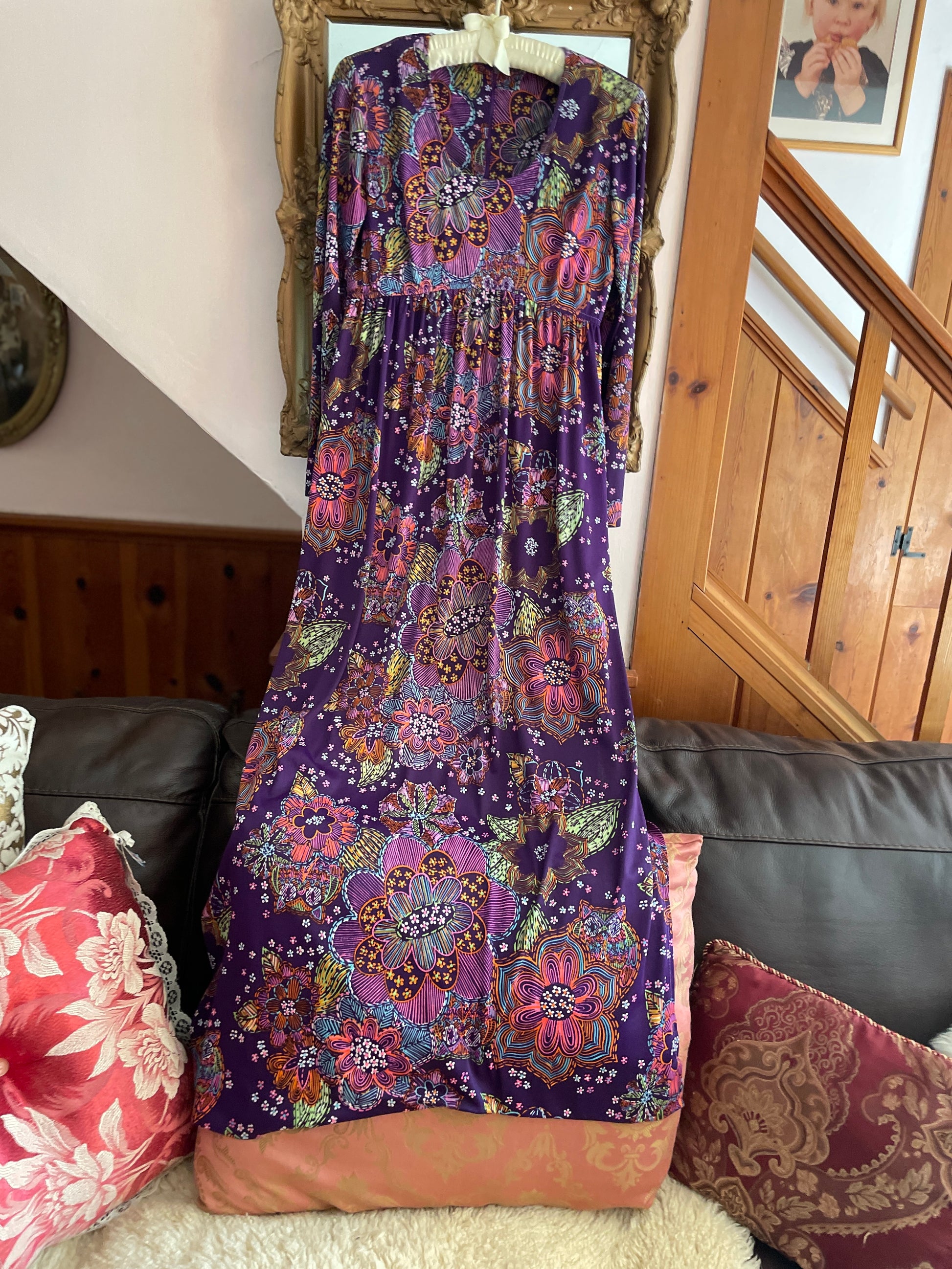  70s Vintage Handmade Purple Floral Print Poly Empire Waist 20” Side Slits Back Zip Maxi Dress S