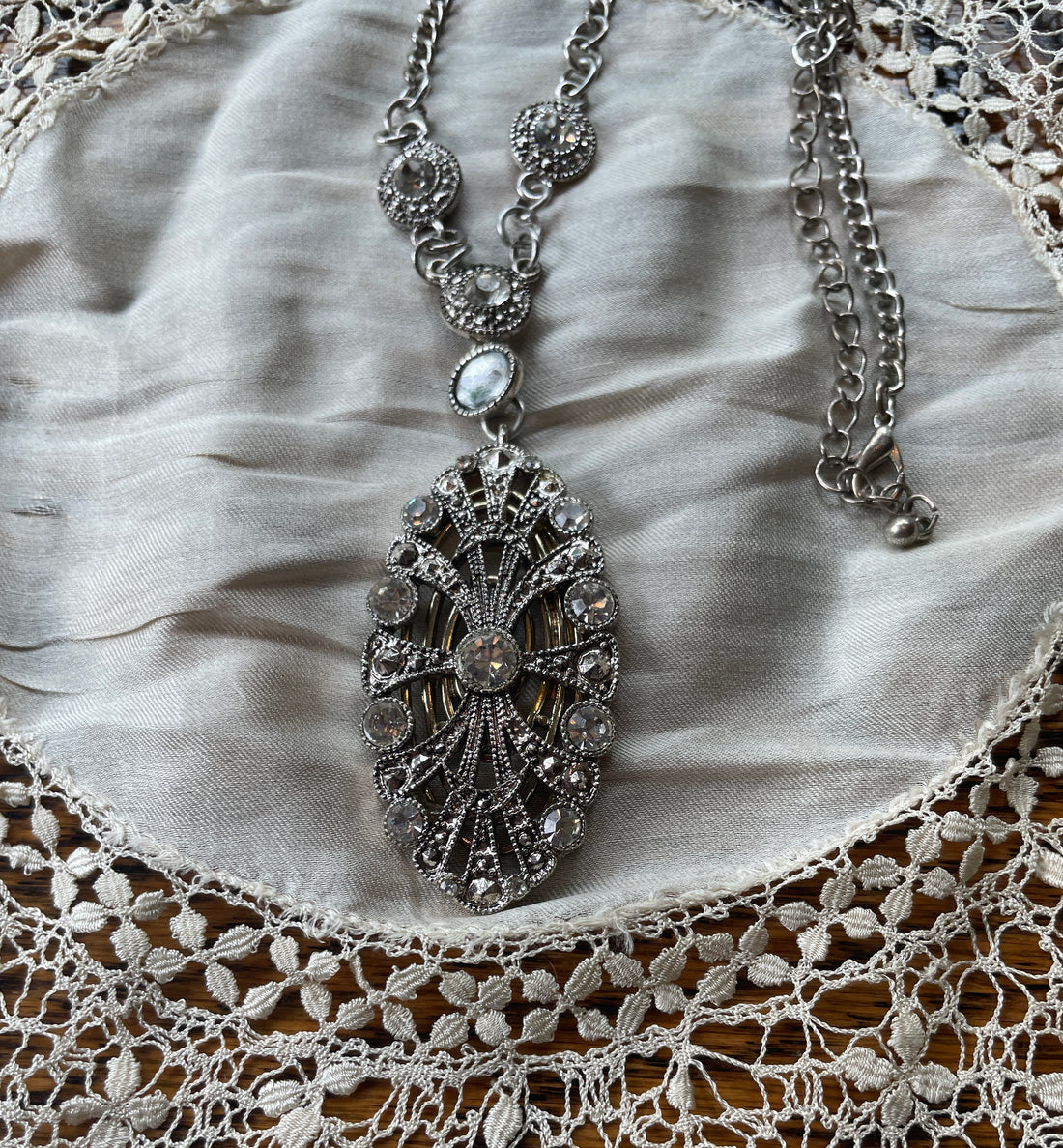 80s Vintage Art Deco Style Silver Tone Clear Rhinestones & Crystals Pendant Necklaces