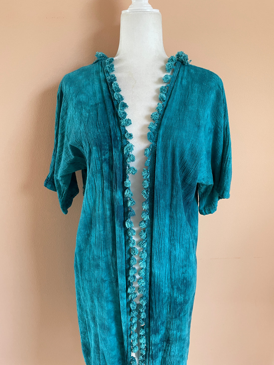 90s Vintage Hand Dyed Cotton Teal Blue Puffy Balls Boho Tunic Jacket M