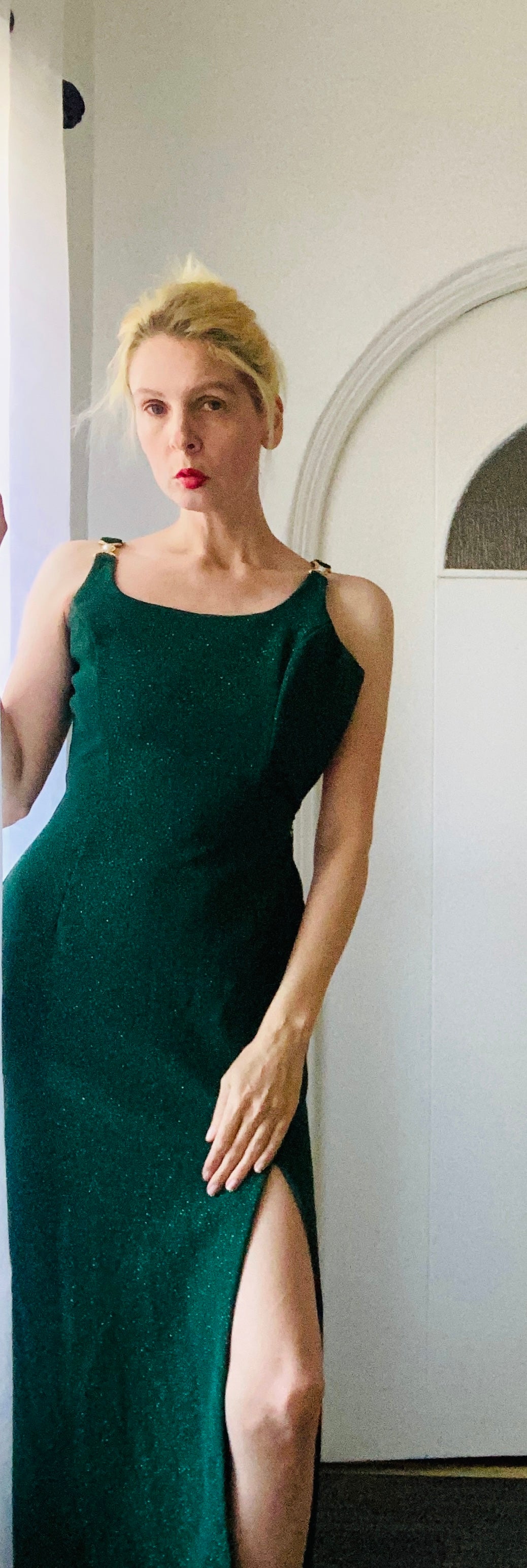 80s Vintage Scott McClintock Green Sparkly High Slit Glam Maxi Dress X/S