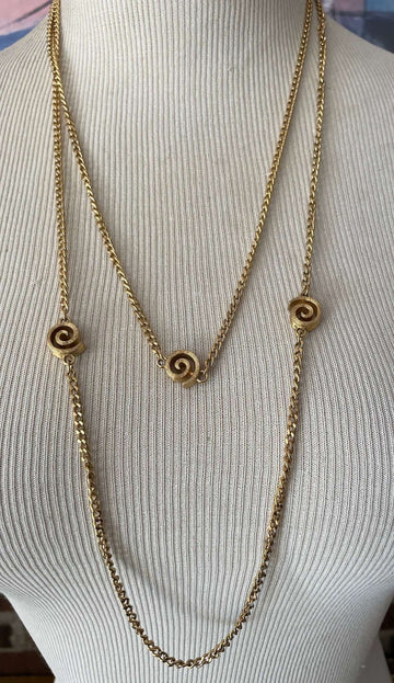 1980s Signed Monet Gold Tone Long Chain Spiral Vintage Wrap Necklace