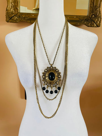 Vintage 90s Celebrity Gems Brass Tone Draped Chains Statement Pendant Necklace